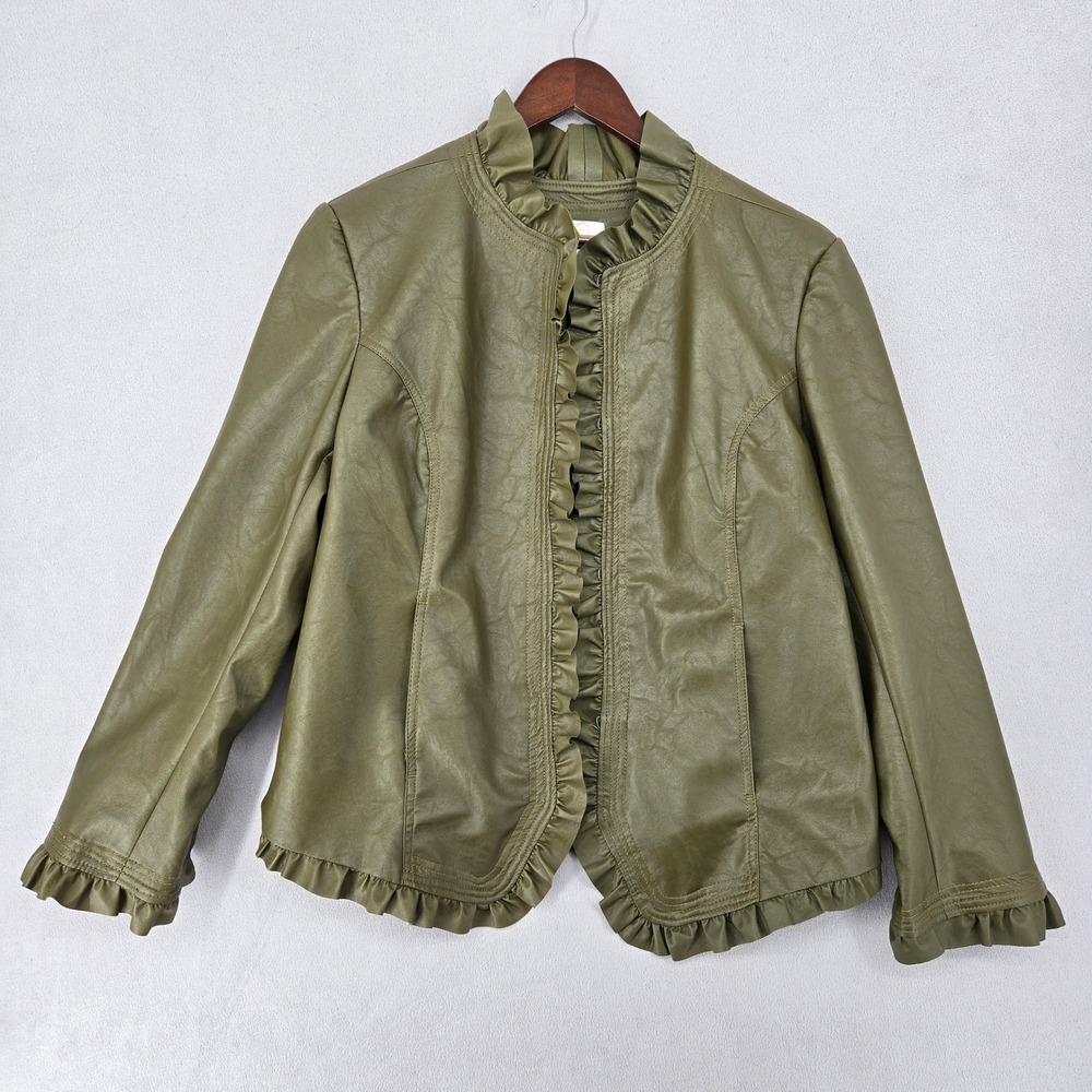 Hot in Hollywood NWT Womens XL Olive Green Faux Leather Ruffle Jacket Boho Y2K